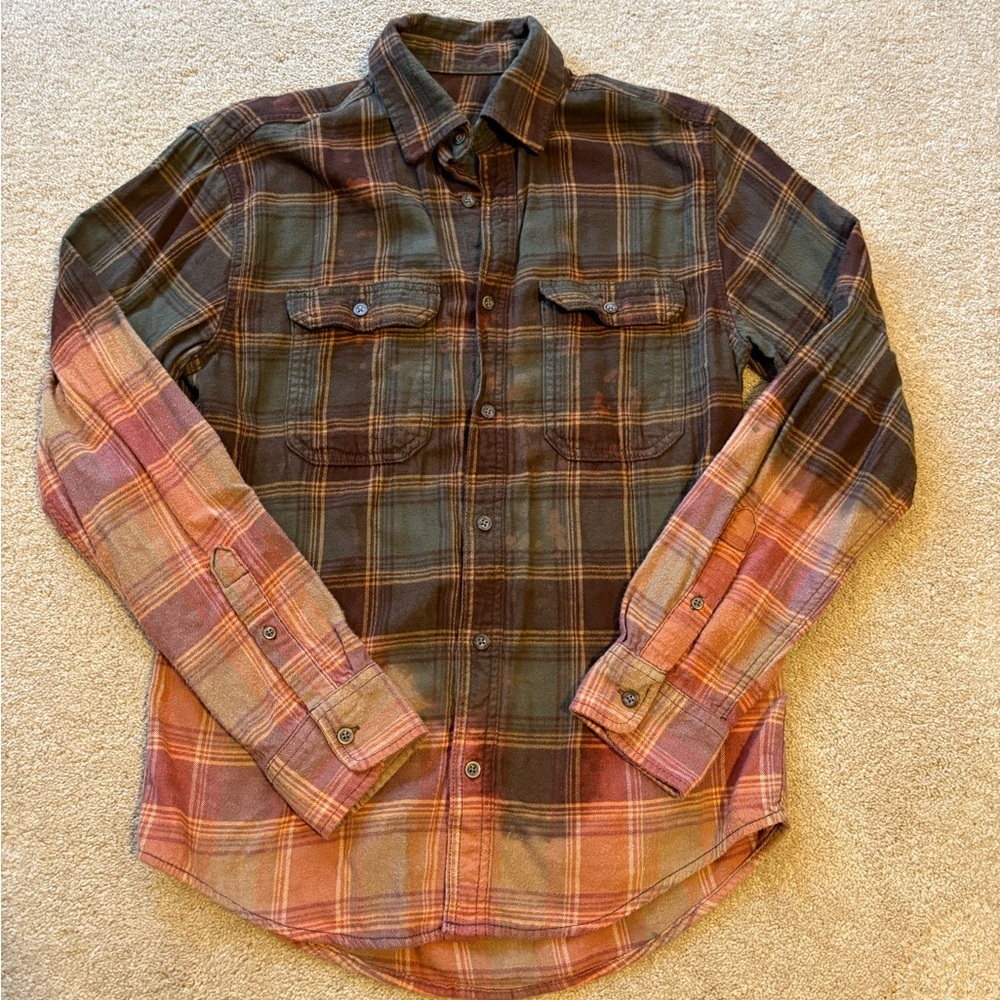 Men's Hand Bleached Dipped Thrashed Flannel Button Up Shirt Sz Small Grunge Rave